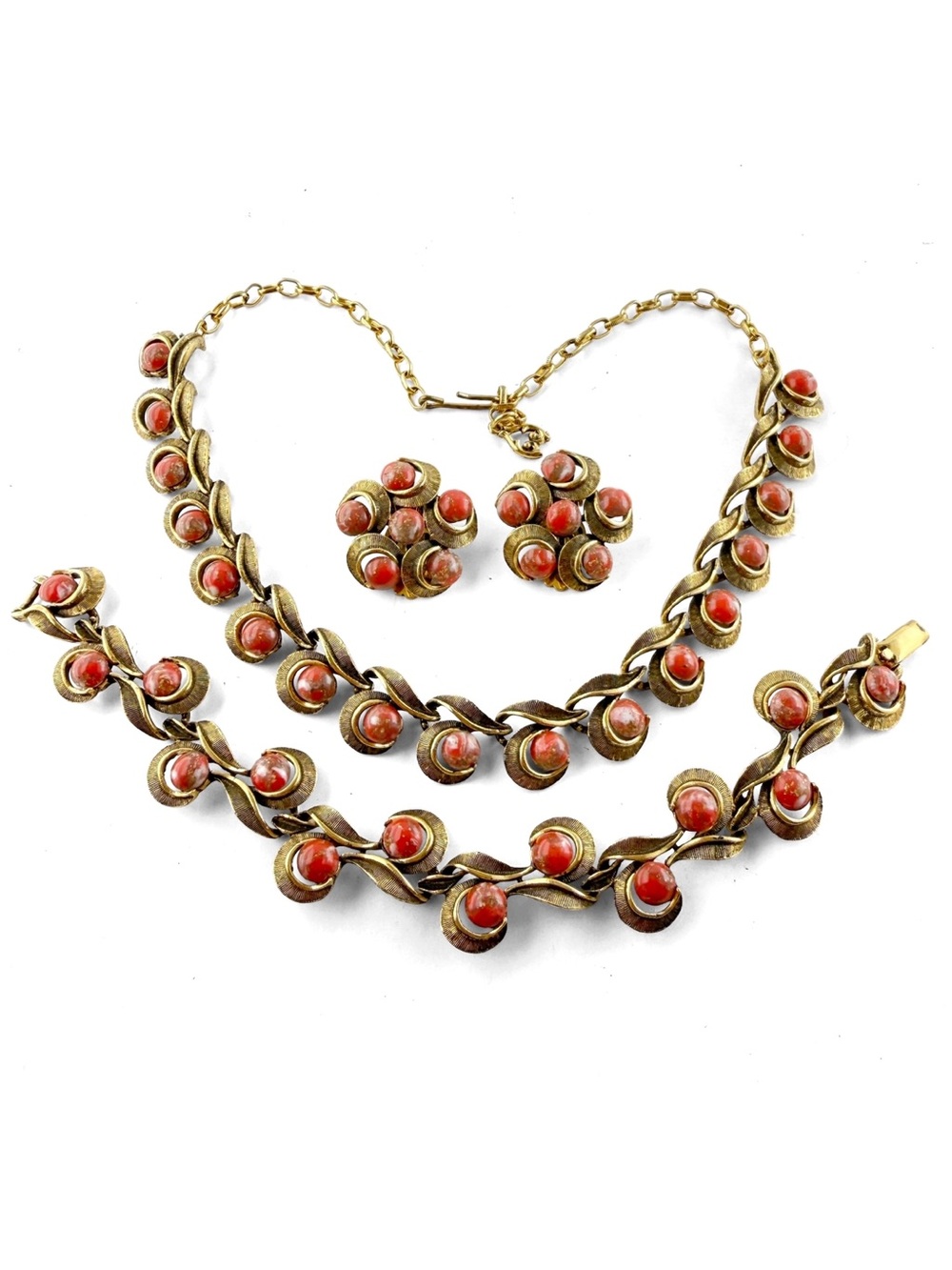 Vintage Mid Century Coral Lucite Scroll Necklace Clip Earrings Bracelet Set